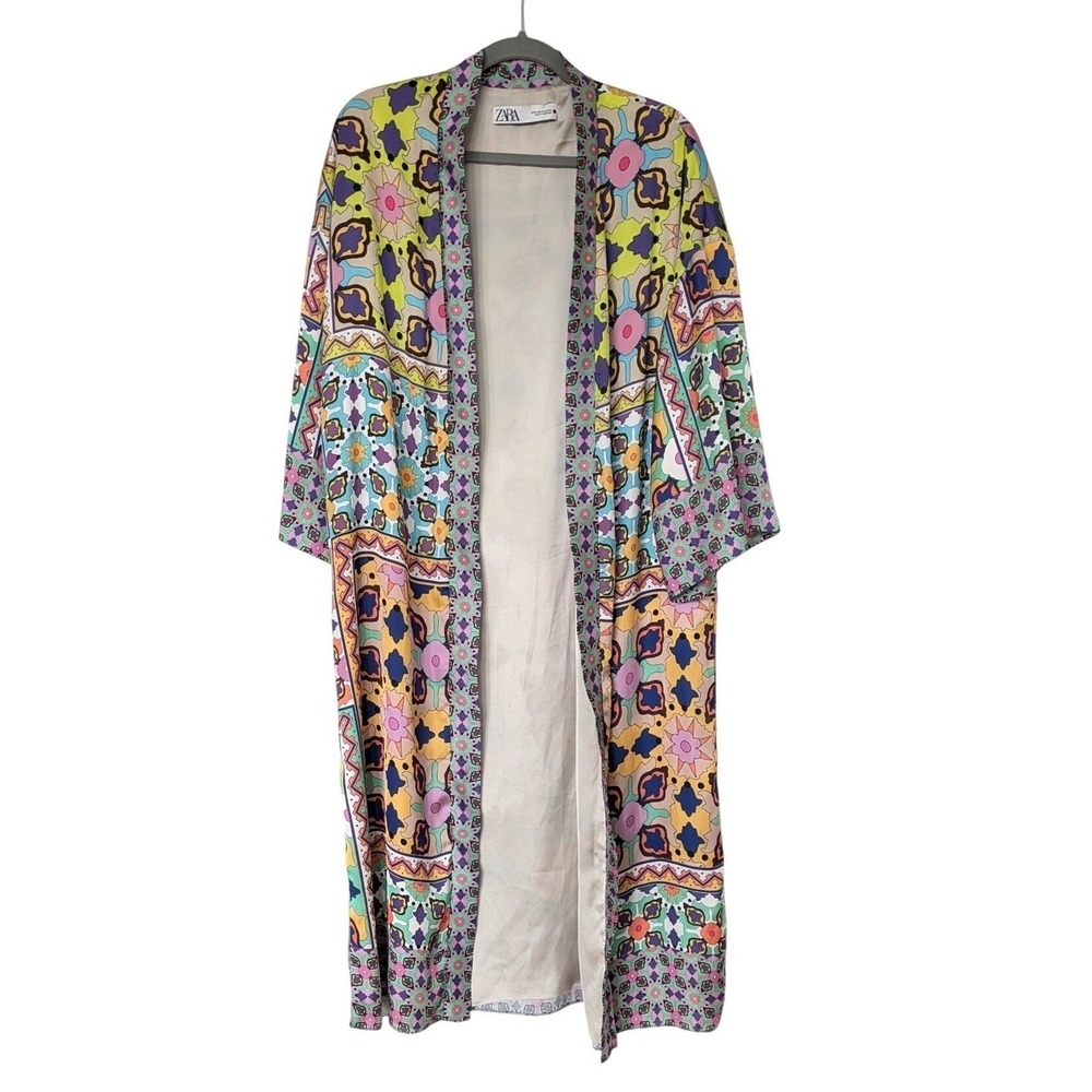 Zara Patchwork Print Kimono Duster Women XS Multicolor Geometric Floral Slit